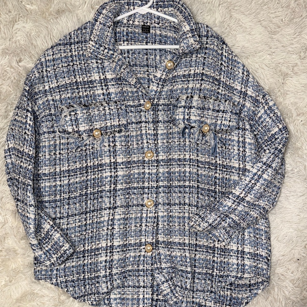 Blue and White Plaid Button-Up Jacket